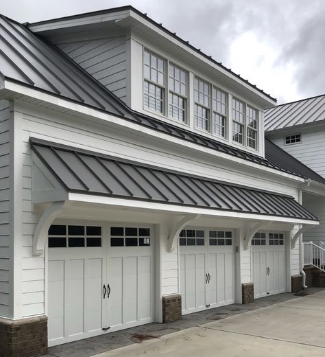 Three Garage Doors, Garage With Awning, Garage Door Awning Metal Roof, Shed Roof Over Garage Doors, Garage Side Door Entrance Ideas, Eyebrow Above Garage Door, Garage With Overhang Roof, Garage Construction Ideas, Extending Garage Forward