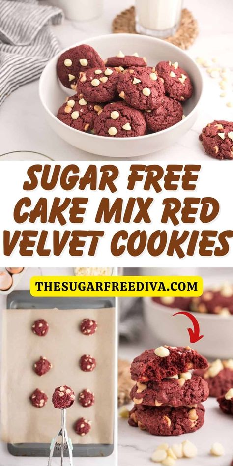 Sugar Free Cake Mix Red Velvet Cookies, a simple and delicious five ingredient dessert or snack recipe made with no added sugar. Keto | LC. Red Velvet Cookie Recipe, Sugar Free Chocolate Cake, Entertaining Desserts, Velvet Cookies, Sugar Free Recipes Desserts, Sugar Free Cake, Healthy Recipes For Diabetics, Sugar Free Diet, Red Velvet Cookies