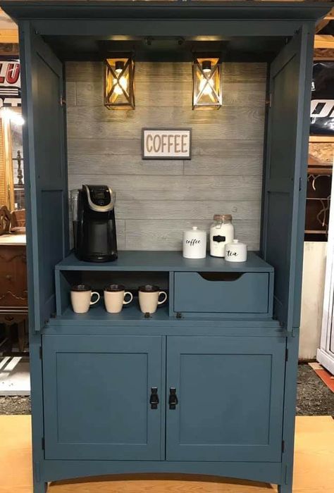 Coffee Bar From Armoire Coffee Bar In Armoire, Coffee Station Armoire, Armoire Repurpose Coffee Bar, Dark Blue Coffee Bar, Colorful Coffee Bar Ideas, Coffee Bar From Armoire, Armoire Makeover Coffee Bar, Bar From Armoire, Coffee Armoire Ideas