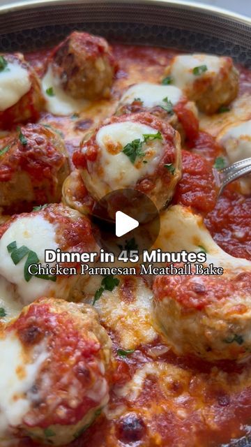 Caterina Cosentino | Easy, Quick & Family Recipes on Instagram: "Chicken Parmesan Meatball Bake - comes together in about 45 minutes in one dish and it’s absolutely amazing. Serve with spaghetti or as a meatball sub, this is a family favorite for the week!

-makes 12 meatballs-
1lb ground chicken
1 egg
1/4 cup parsley, chopped
4 garlic cloves, finely minced
1/4 cup Italian style bread crumbs
1.5c cup parmesan cheese, freshly grated
1.5tsp beef bouillon
1tsp salt and pepper
1-32oz jar marinara sauce (or use homemade like I did)
1/2 cup mozzarella cheese, freshly grated
1/4 cup parmesan cheese, freshly grated
Fresh mozzarella (or small bocconcini balls)
Parsley for garnish

	1.	Preheat oven to 400. Line baking sheet with parchment paper and set aside.
	2.	Mix together ground chicken, egg, pa Quick Family Recipes, Chicken Parm Meatballs, Chicken Parmesan Meatballs, Quick Family Meals, Prep Meals, Meatball Bake, Watermelon And Feta, Chicken Parm, Ground Chicken