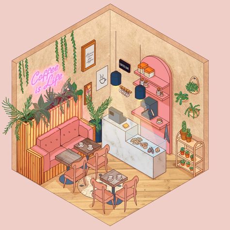 Missing Wallpaper, Isometric Rooms, Isometric Cube, Isometric Art, Isometric Illustration, Low Poly Art, Coffee Corner, House Drawing, Drawing Easy