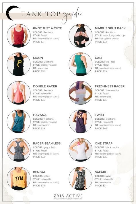 ZYIΛ ΛCTIVE ≫ Tank Top Guide Zyia Size Guide, Active Wear Brand Name Ideas, Zyia Outfit Ideas, Zyia Graphics, Get Rid Of Saggy Skin, Zyia Activewear, Vendor Fair, Clothes Guide, Fitness Wardrobe