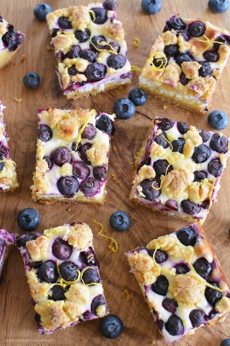 Lemon-Blueberry Crumb Bars combine two of my favorite flavors and are quick and easy! Perfect for warm weather, they’re light and moist with a cream cheese layer and start with a lemon cake mix. Makes 20 – 30 barsIngredients1 stick butter, melted1 box lemon cake mix (I used Pillsbury Moist Supreme)2 eggs2 pkg. (8 oz.) Cream Cheese, softened (I used 1/3 Less fat Cream Cheese)1/2 cup sugar1 Tbsp. zest and 3 Tbsp. juice from 1 lemon2-1/2 cups blueberries DirectionsPreheat oven to… Lemon Blueberry Bars, Blueberry Color, Blueberry Crumb Bars, Lemon Cream Cheese Bars, Lemon And Blueberry, Box Lemon Cake, Easy Bar Recipes, Blueberry Bars, Easy Bar