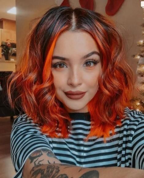 Sophisticated Orange Hair Colors: Easy Ideas Medium Orange Hair, Dark Root Orange Hair, 2023 Red Hair Trends, Shadow Root Orange Hair, Medium Length Orange Hair, Orange Balayage Hair Brunettes, Bold Fall Hair Colors, Copper Hair Shadow Root, Dark Roots Copper Hair