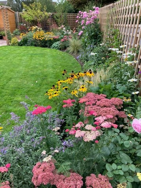 Cottage Garden Lawn, Cottage Garden With Lawn, Front Yard Landscaping Design Ranch, Drought Resistant Cottage Garden, Deep Flower Beds, Flowers For Fence Line, Oklahoma Backyard Landscaping, Tiny Narrow Backyard Ideas, Plants For Corner Of House Front Yards