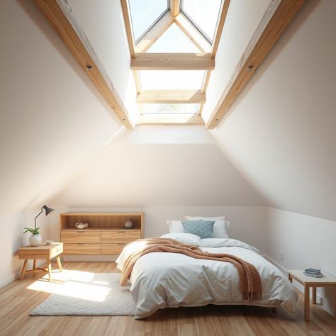 Set the perfect ambiance in your attic with skylights that let natural light flood in during the day and offer starlit views at night 🌙 #atticatmosphere #cozyambiance Bedroom Skylight, Views At Night, Attic Bedroom, During The Day, Natural Light, At Night, The Day, House Design, Bedroom