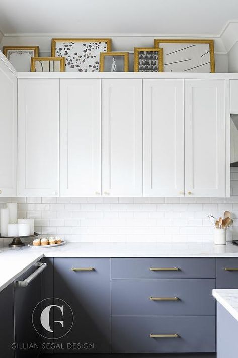 White and gray kitchen design boasting brass hardware- small round brass knobs on white shaker upper cabinets and long brass pulls on flat front lower gray cabinets. Gray Kitchen Design, White And Gray Kitchen, No Upper Cabinets, Upper Kitchen Cabinets, Grey Kitchen Designs, Gray Cabinets, Gray Kitchen, New Kitchen Cabinets, Grey Kitchen Cabinets