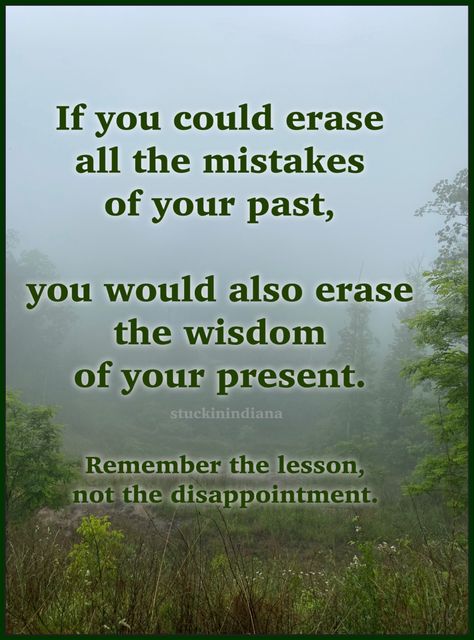 “If you could erase all the mistakes of your past, you would also erase the wisdom of your present. Remember the lesson, not the disappointment.” ~ Unknown #quotes #mistakes #wisdom #lessons #LifeLessons #stuckinindiana #stuckinindiana_pairing If You Could Erase All The Mistakes Of Your Past, Quotes On Making Mistakes, Past Mistakes Quotes, Quotes About Making Mistakes, Quotes Mistakes, Mistake Quotes, Unknown Quotes, Past Mistakes, Mental Healing