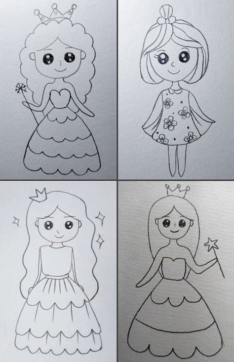 Cute Dolls Drawing Easy, Princess Simple Drawing, Princess Doodles Easy, Girl Drawing Easy Simple For Kids, How To Draw A Queen, Simple Doll Drawing, Simple Princess Drawing, Easy Drawing Nature, Cute Dolls Drawing