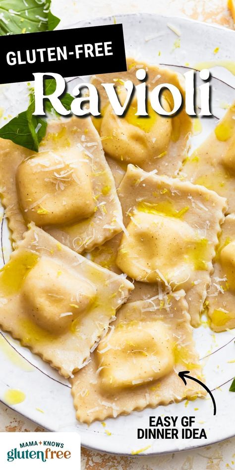 This Gluten Free Ravioli is comforting, cheesy, and made with simple techniques—no special equipment needed! Perfect with your favorite sauce. Find the recipe on our site. Gluten Free Pumpkin Ravioli Recipe, Homemade Gluten Free Ravioli, Gluten Free Ravioli Dough, Gluten Free Ravioli Recipe, Mama Knows Gluten Free, Gluten Free Ravioli, Gluten Free Family Meals, Gluten Free Turkey, Gluten Free Gnocchi