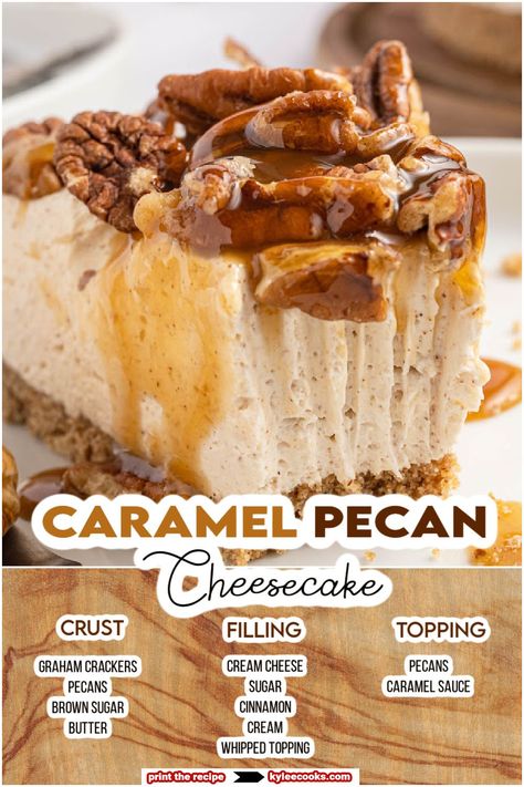 Impress your holiday crowd or your weekend guests with this spectacular no-bake caramel pecan cheesecake! It's made with a buttery crumbly crust and a creamy smooth cheesecake filling topped with a gooey crunchy topping made from pecans and caramel sauce! Pecan Cheesecake Crust, Best Pecan Cheesecake Pie, Caramel No Bake Cheesecake, Pecan Pie Cheesecake Recipe Easy No Bake, Pecan Pie Cheesecake Recipe No Bake, Pecan Cheesecake Pie Recipe, Cheesecake Recipes For Thanksgiving, Pecan Cheesecake No Bake, Cheesecake Christmas Holiday Desserts