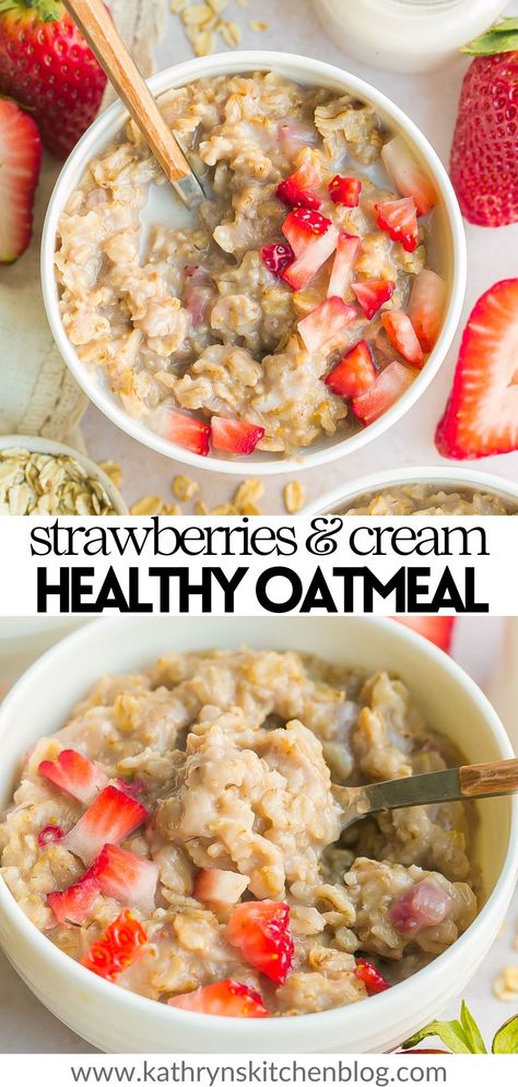 Fruit Oatmeal Recipes, Oatmeal With Strawberries Healthy, Oatmeal With Fruit Breakfast, Oatmeal With Frozen Fruit, Fruit And Cream Oatmeal, Strawberry Oatmeal Bake Breakfast, Homemade Strawberry Oatmeal, Hot Healthy Breakfast, Stove Top Oatmeal Recipes