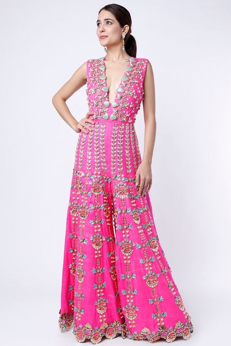 Ethnic Jumpsuit, Pink Jumpsuits Outfit, Jumpsuit Indian, Hot Pink Jumpsuit, Jumpsuit Outfit Wedding, Hot Pink Jumpsuits, Papa Don't Preach, Jumpsuit Design, Sharara Designs