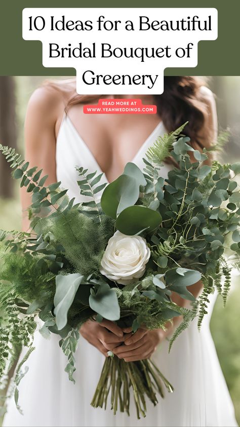 A lush bridal bouquet of greenery featuring elegant eucalyptus, ferns, and other natural foliage, showcasing an eco-friendly and stylish arrangement perfect for a modern wedding. Simple Green Bouquet, Woodsy Bridal Bouquet, Woodland Wedding Flowers Bouquet, Wedding Bouquet With Thistle, Elegant Wedding Bouquet Ideas, Green Bouquet Flowers, Eucalyptus Wedding Party, Unique Wedding Bouquet Ideas, Wedding Ferns