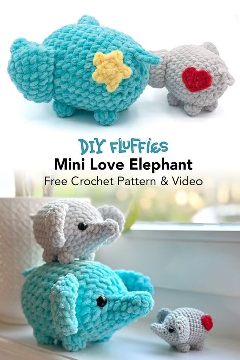 Crochet an adorable elephant Amigurumi using the free pattern and video from DIY Fluffies. This project is simple and quick, making it ideal for beginners who want to learn how to crochet plush animals. The pattern only requires sewing the legs on, and you can easily follow the step-by-step video included in the free pattern to make your cute elephant plush toy." Crochet Elephant Pattern Free, Elephant Crochet Pattern, Elephant Amigurumi, Crochet Elephant Pattern, Amigurumi Plush, Crochet Toys Free, Crochet Baby Toys, Crochet Elephant, Crochet Amigurumi Free Patterns