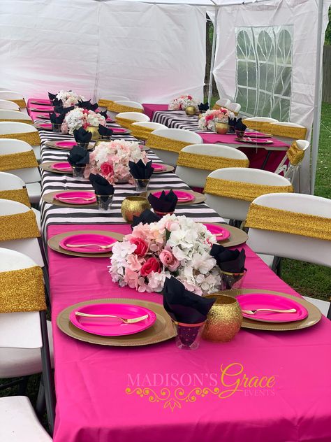 Birthday Dinner Table Decor, Sneaker Ball Ideas, Kate Spade Birthday Party, Birthday Dinner Table, Orange And Fuschia, Pretty In Pink Party, 65th Birthday Party, Purple Party Decorations, Kate Spade Party