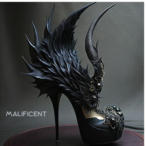 Dragon Shoes Heels, Assassin Heels, Goth Heels Aesthetic, Unique High Heels Crazy Shoes, Cool Heels Unique, Maleficent Shoes, Fantasy Shoes Heels, Fantasy High Heels, Gothic Fairy Aesthetic