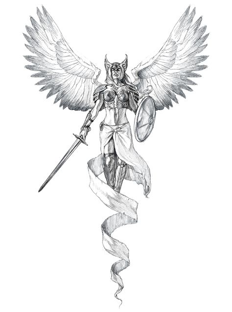 Valkyrie Tattoo Design, Paladin Tattoo, Artemis Tattoo Design, Valkyrie Angel, Celtic Tattoos For Men, Evolution Tattoo, Female Warrior Tattoo, Norse Mythology Tattoo, Valkyrie Tattoo