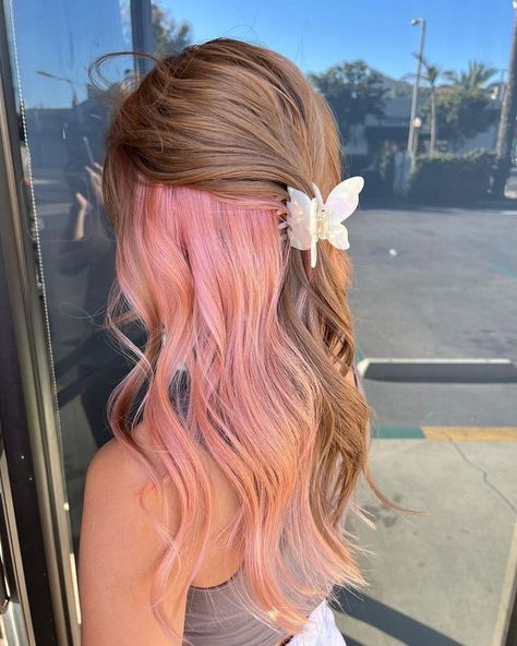 Under Part Of Hair Dyed Pink, Pink Peekaboo On Blonde Hair, Soft Pink Peekaboo Hair, Peekaboo Hair Color Pink Blonde, Under Pink Hair Dye, Rose Gold Hair Peekaboo, Peach Underneath Hair, Light Brown Hair With Colorful Highlights, Brown Hair Dye Ideas Coloring