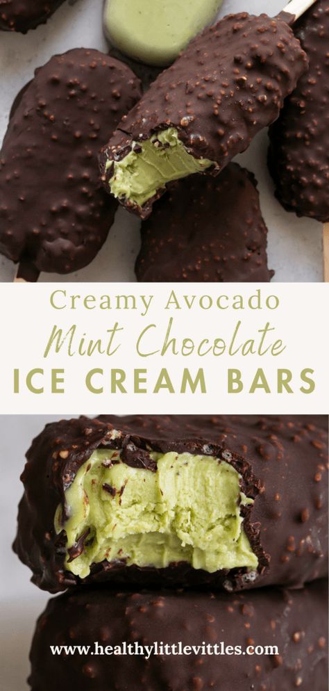 These Creamy Avocado Mint Chocolate Ice Cream Bars are so easy to make and are a delicious frozen ice cream treat to cool down this summer! The creamy mint ice cream filling is made with avocado, coconut milk, and fresh mint leaves and is naturally sweetened with maple syrup! The crunchy chocolate shell is made with dark chocolate, coconut oil and crispy puffed quinoa for a fun homemade Magnum Ice Cream Bar dessert! Mint Ice Cream Dessert Recipes, Chocolate Mint Ice Cream Recipe, Avocado Ice Cream Vegan, Healthy Mint Chocolate Chip Ice Cream, Mint Chocolate Chip Ice Cream Recipe, Homemade Mint Chocolate Chip Ice Cream, Frozen Ice Cream, Coconut Ice Cream Recipes, Magnum Ice Cream