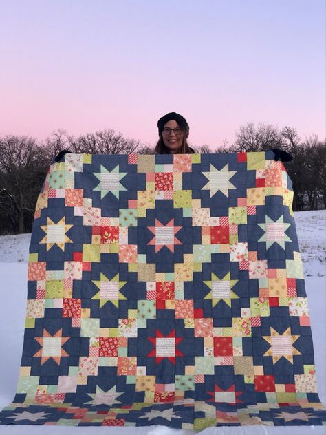 Brightly patchwork quilt with stars set on a blue chambray background Brightly Quilt, Checkerboard Quilt, Patchwork Quilting Designs, Slow Sunday, Cluck Cluck Sew, Layer Cake Quilts, Scrap Quilt Patterns, Tree Quilt, Star Quilt Patterns