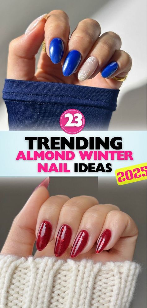 Turn heads this season with almond winter nails that blend glitter, festive tones, and intricate designs. Perfect for adding a touch of winter elegance to your look. Two Tone Nail Designs, Almond Winter Nails, Two Tone Nails, Winter Nail Ideas, Winter Nail, Nail Designs Spring, Floral Nails, Trendy Designs, Winter Nails