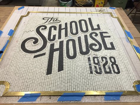 Here's a little look at a collaboration between @sideshowsignco and myself. This thing is a beast and will be at the landing of the stairway to my studio. And in case you're wondering it's part of our home which is a converted schoolhouse from 1928. Everyone in the area references it as "The School House" so we thought it would be fitting. House Graphic Design, Jon Contino, Tshirt Typography, Kota Tua, Entry Tile, Storefront Signs, Calligraphy Inspiration, Diy Marble, House Graphic