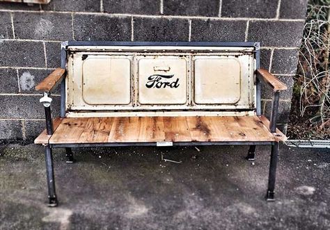 Ford Blue Collar Tailgate Bench Chevy Tailgate Bench, Truck Tailgate Bench, Tailgate Bench, Car Part Furniture, Automotive Furniture, Truck Tailgate, Car Furniture, Automotive Decor, Truck Art