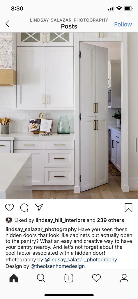 Idea of a hidden door to the pantry that looks like face of cabinets? Cabinet Door Into Pantry, Butler Pantry Hidden Door, False Pantry Door, Hidden Corner Pantry Door, Pantry Door Looks Like Cabinets, Hidden Door Laundry Room, Hidden Door Ideas Kitchen, Backdoor In Kitchen, Walk In Pantry With Cabinet Doors