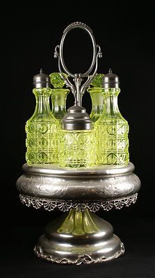 RARE  Vaseline Uranium Glass Victorian 5 Bottle Castor Cruet Set in Frame | eBay Green Glassware, Condiment Sets, Green Furniture, Vaseline Glass, Antique Glassware, Silver Glass, Bottle Green, Vintage Dishes, Glass Pottery