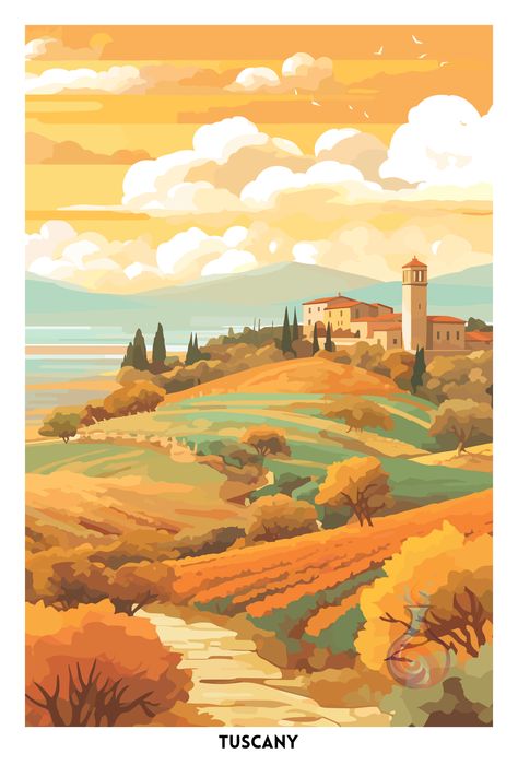 🏡️ Wonderful wall art, perfect for country house style decor! 😃🐑🐾 Country Side Illustration, English Countryside Painting, Tuscany Countryside, Italy Watercolor, Italy Travel Poster, Venue Illustration, Countryside Paintings, Country House Style, Country Side