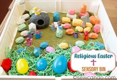 Sew Can Do: Meaning of Easter Sensory Bin Christian Sensory Bin, Creation Story Sensory Bin, Easter Theme Sensory Bin, Bible Story Sensory Bins, Easter Sensory Bin Ideas, Easter Story Sensory Bin, Easter Small World Play, Easter Sensory Bin, Easter Sensory