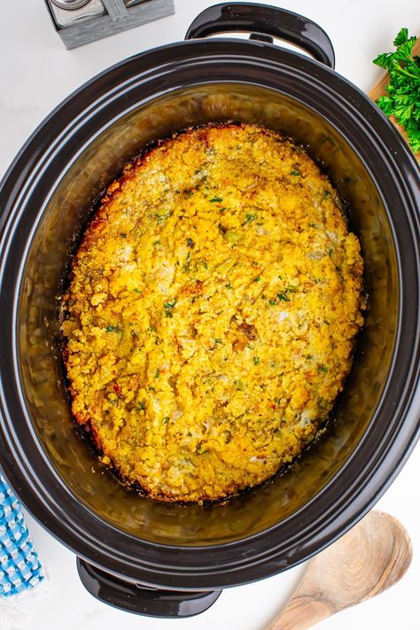 Crockpot Cornbread Dressing, Slow Cooker Cornbread, Crockpot Cornbread, Crockpot Dressing, Soul Food Cornbread Dressing, Southern Cornbread Dressing, Cornbread Dressing Recipe, Cornbread Dressing Southern, Dressing Recipes Cornbread