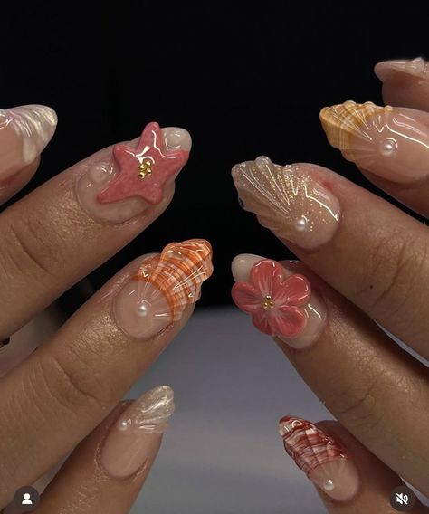 Seashell Nails, Beachy Nails, Girly Acrylic Nails, Summery Nails, Really Cute Nails, Beach Nails, Pretty Acrylic Nails, Short Acrylic Nails, Nail Polishes