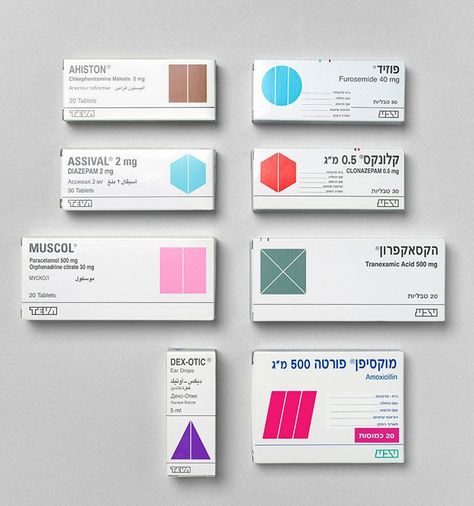 Can-graphic-design-save-your-life-wellcome-trust-itsnicethat-8-different-designs-of-dual-language-teva-packaging-(hebrew-english)_-1986_-dan-reisinger Can Graphic Design, Pill Packaging, Medical Packaging, Medicine Packaging, English To Hebrew, Wellcome Collection, Pharmacy Design, Save Your Life, Drawing Book