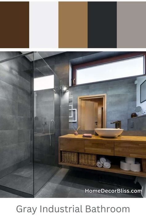 Industrial Bathroom: Gray Concrete and Wood Vanity Gray And Wood Bathroom Ideas, Gray And Wood Bathroom, Industrial Chic Bathroom, Gray Tiles Bedroom, Gray Concrete Texture, Bangkok Apartment, Natural Wood Vanity, Bathroom Industrial Chic, Industrial Bathroom Design