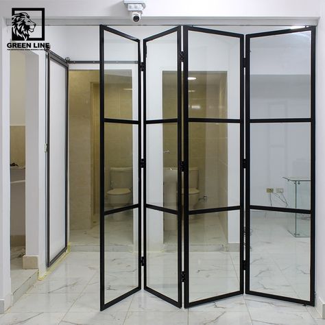 Transperant folding glass with black aluminum frame 💥 Folding Mirror Doors, Foldable Glass Door, Folding Glass Partition, Foldable Door, Studio Closet, Kitchen Divider, Folding Partition, Glass Partition Wall, 90s Home