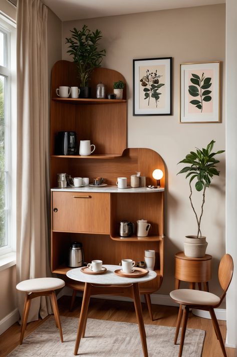 10 Ideas and Inspiration for Mid-Century Modern Style Coffee Nooks - afullmug.com Modern Transitional Coffee Bar, Dining Table Shelves, Mid Century Coffee Station, Japandi Coffee Station, Coffee Bar Shelving, Mid Century Modern Home Bar, Japandi Coffee Corner, Mid Century Modern Breakfast Nook, Japandi Coffee Bar