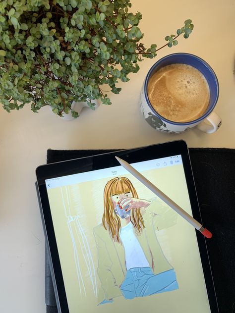 Flatlay illustration on iPad Pro. procreate digital illustration by Joanna Prints Ipad Pro Illustration, Ipad Product Photography, Ipad Procreate Aesthetic, Drawing Ipad Aesthetic, Ipad Drawing Aesthetic, Ipad Flatlay, Flatlay Illustration, Drinking Coffee Illustration, Ipad Photography