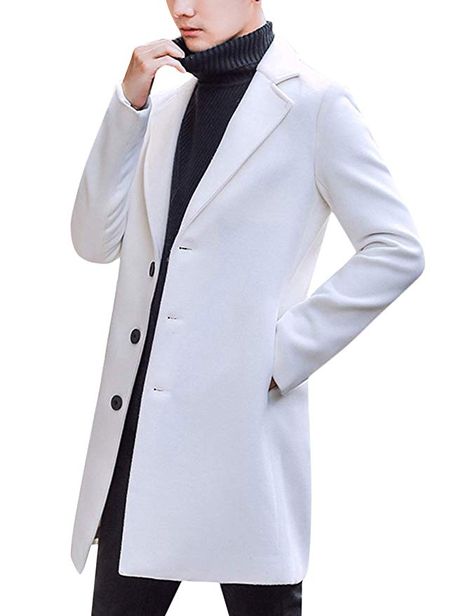 Springrain Men's Notched Lapel Single Breasted Long Pea Coat Trench Coat (White, Large) at Amazon Men’s Clothing store Long Pea Coat, Wool Jacket Men, White Trench Coat, Peacoat Men, Long Peacoat, Men's Trench Coat, Winter Trench Coat, Wool Overcoat, Wool Trench Coat