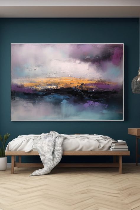 Original handmade abstract landscape painting with purple, gold, and blue tones creating a dreamy, ethereal atmosphere Purple Abstract Art, Dreamy Atmosphere, Purple Abstract, Abstract Landscape Painting, Handmade Artwork, Abstract Landscape, Purple Gold, Landscape Painting, Deep Purple