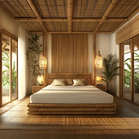 Explore the tranquility of a minimalist bamboo bedroom, featuring a sturdy bamboo bed frame, woven bamboo ceiling, and natural wicker lamps. lush greenery and large sliding doors bring in abundant light, connecting you with nature. Perfect for those who cherish eco-friendly, serene living spaces. Bamboo Ceiling Ideas, Bamboo Interior Design, Wicker Lamps, Suit Room, Bamboo Interior, Building Materials Architecture, Nipa Hut, Bamboo Headboard, Bamboo Bedroom