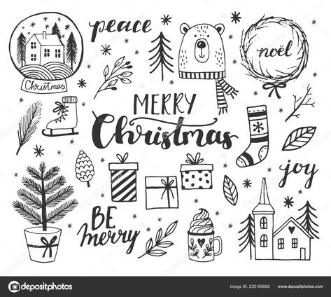 Doodle Vector, Illustration Christmas, Hand Lettering Cards, Christmas Doodles, New Year Greeting Cards, Etsy Christmas, Christmas Drawing, Christmas Lettering, Journal Doodles