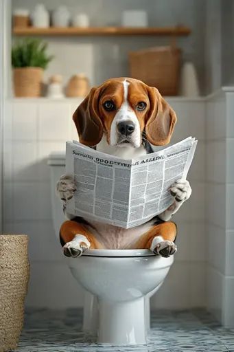 ↑↑↑ Larger size on website 🔸 A beagle dog sits on a toilet seat, dressed in a white shirt and holding a newspaper in its paws. Th Dog Reading, Person Reading, Reading A Newspaper, Classic Image, Beagle Dog, Wicker Basket, White Tiles, Dog Sitting, Toilet Seat