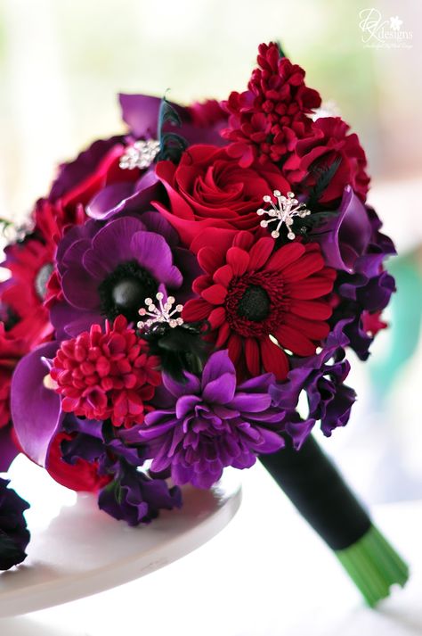 DK Designs: 1920s Vintage Glam Inspired Wedding Flowers Red Purple Wedding, Purple Flower Bouquet, Red Wedding Theme, Purple Wedding Bouquets, Red Bouquet Wedding, Wedding Colors Purple, Red Wedding Flowers, Red Bouquet, 1920s Wedding