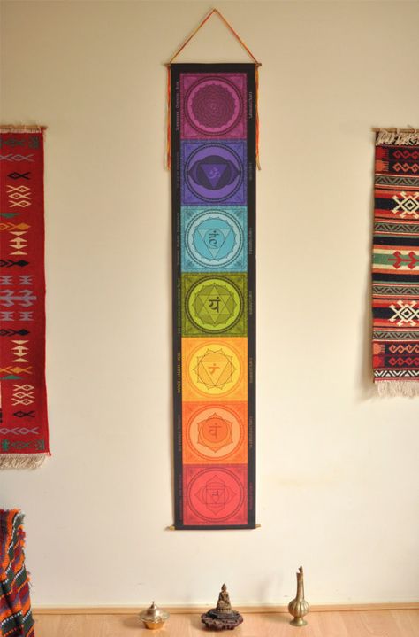 Chakra banner Chakra wall hanging handmade by ZorbaTheBuddhaArt Swadhisthana Chakra, Chakra Wall Hanging, Sacred Geometry Chakra, Chakra Wall Art, Chakra Decor, Vishuddha Chakra, Art Chakra, Reiki Room, Anahata Chakra