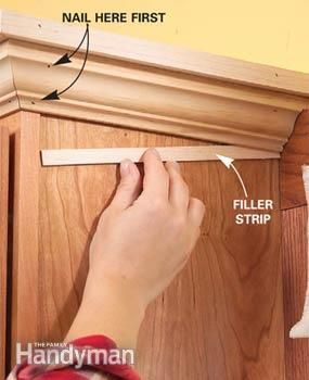 Photo 9: Add the filler strip Crown Moulding Kitchen Cabinets, Crown Molding Kitchen, Kitchen Cabinet Crown Molding, Crown Molding Installation, Cabinet Molding, Above Cabinets, Above Kitchen Cabinets, Refacing Kitchen Cabinets, Crown Moldings