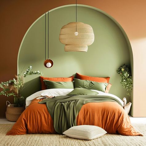 green_and_terracotta_painted_bedroom 14 Terracotta And Olive Green Color Palette, Green Orange And Pink Bedroom, Bedroom Color Schemes Green, Green Bedroom Paint Colors, Green And Terracotta Bedroom, Terracotta Bedroom Ideas, Olive Green Bedroom, Green Paint Colors Bedroom, Green Bedroom Colors