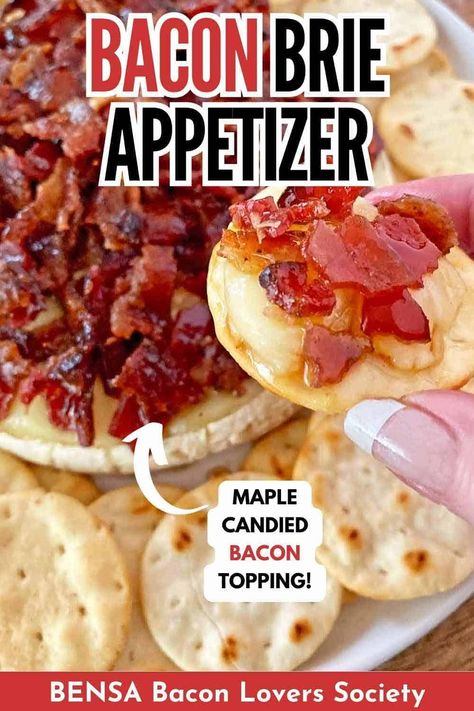 Baked Brie with maple syrup and bacon is the crispy, cheesy appetizer everyone loves! The easy recipe feeds 16 people and is guaranteed to disappear fast at your holiday party, brunch, or game day gathering. Maple Bacon Brie, Bacon Baked Brie, Brie Cheese Appetizer, Bacon Brie, Brie Cheese Recipes, Bacon Recipes Appetizers, Brie Appetizer, Simple Appetizer, Cheesy Appetizer