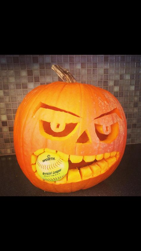 Softball pumpkin Baseball Pumpkin Carving, Baseball Pumpkin, Halloween Softball, Baseball Halloween, Softball Crafts, Pumkin Carving, Easy Pumpkin Carving, Pumpkin Carving Designs, Pumpkin Carving Ideas